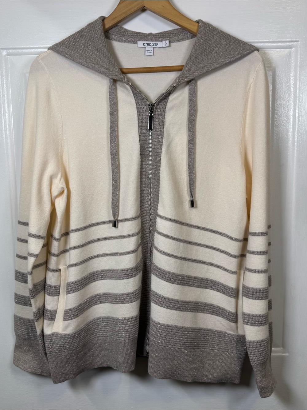 Chico's Zenergy Luxe Metallic Stripe Zip Hoodie Women's Sweater Size 2 Large